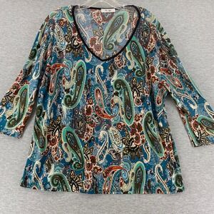 Rue Juju Women's Teal Blue Paisley Print 3/4 Sleeve‎ V-Neck Sequin Embellished